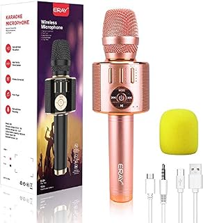Karaoke Wireless Microphone Bluetooth, ERAY 5 in 1 Handheld Sing & Recording Portable KTV Player Home KTV Music Machine System Compatible with iOS, Android, Laptop, PC (Pink)
