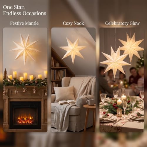 Image of LIOOBO Paper Lanterns 3pcs 9-Pointed Paper Star Lantern Shades for Christmas