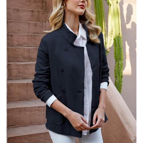 Ainangua Navy Double-Breasted Fleece Trench Coat for Women, Medium - Image 5