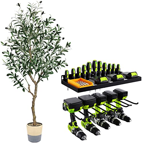 Kayfia Artificial Olive Tree, 4.3Ft Tall Fake Tree Silk With Rope Woven Basket And Power Tool Organizer, Heavy Duty Tool Organizers And Storage, 5 Drill Holder Wall Mount #TOP27