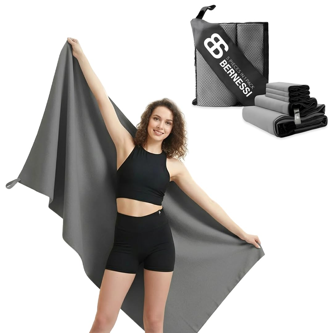 5 Pack Microfiber Gym Towel Set (150x80/80x40/40x40cm) for Men Women Fast Drying, Absorbent Sweat Quick Dry Cooling Towel, Sport Towels Super Soft Home Fitness Workout Yoga Swimming Bath Grey