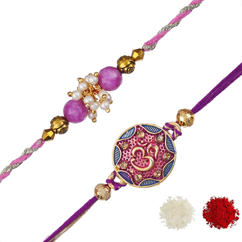 Image of eCraftIndia Floral Kundan Beads Designer Rakhis for Brother and Bhabhi | Bhaiya Bhabhi Rakhi