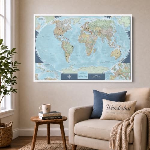Image of Signature World Travel Tracker with Pins - Personalized Canvas Wall Art - Framed Wall Decor - White Float Frame - 30 inch x 45 inch
