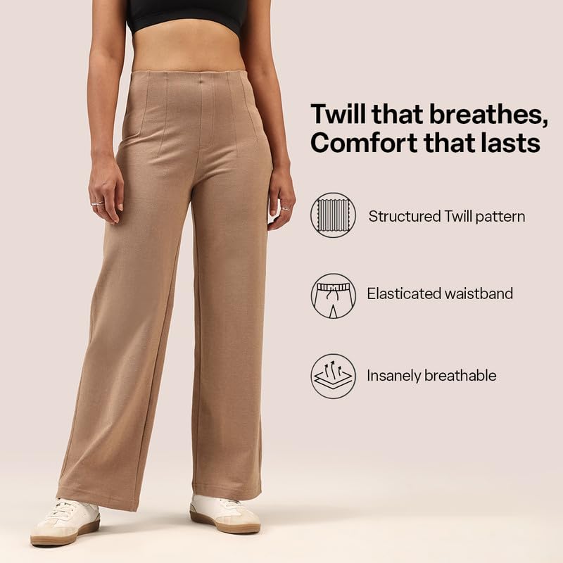 Image of BlissClub Womens Work-to-Wine Twill Wide Dart Pants Insanely Breathable Elasticated Waistband 2 Pockets Mock Fly | Wide Silhouette Stylish Pleats