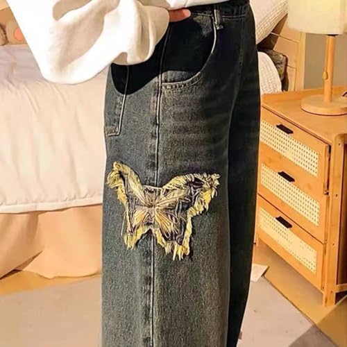 Women's Daily Casual Pants American high Street y2k Commuting Style Butterfly Embroidery Retro Blue Jeans3