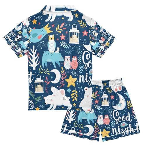 senya Bears Owls Moon Satin Summer Pajama Sets Silk Short Sleeve Button Down Sleepwear2