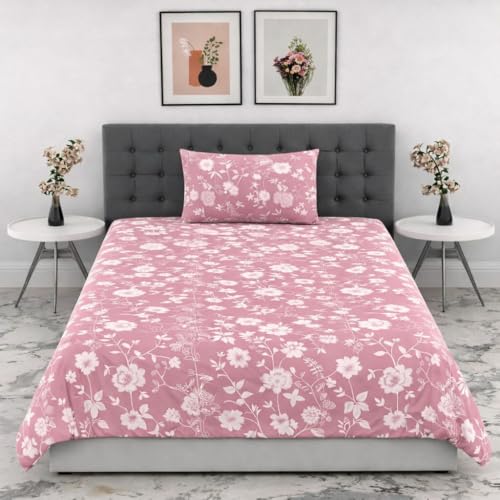 Image of DECOR2ADMIRE 300 Thread Count Premium Cotton Printed Single Bedsheet with One Pillow Covers for Home 60 Inches x 90 Inches (Blush Pink Floral, Single 60 inch x 90 inch)