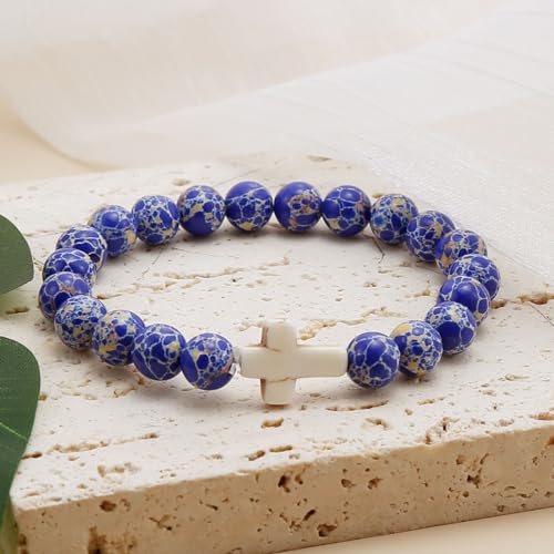 COLOYAN Christian Cross Beaded Bracelet Religious Cross Bracelet 8mm Natural Stone Healing Stretch Bracelets for Women Men 6
