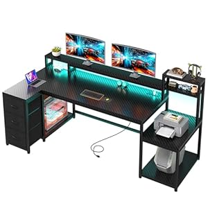 EnHomee 71’W L Shaped Gaming Desk with Drawers, Reversible L Shaped Computer Desk with Storage Shelves, Office Desk with Power Outlet & LED Lights, Corner Desk, Black