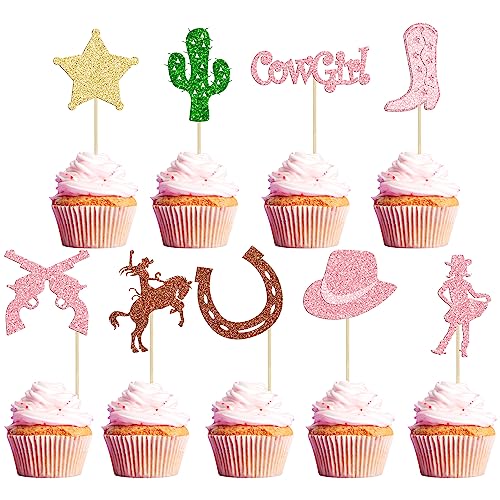36Pcs Cowgirl Cupcake Toppers Glitter HorseShoe Cactus Gun Cupcake Picks Cowgirl Hats Boots Cake Decorations for Western Theme Baby Shower Girls Birthday Party Decor Supplies