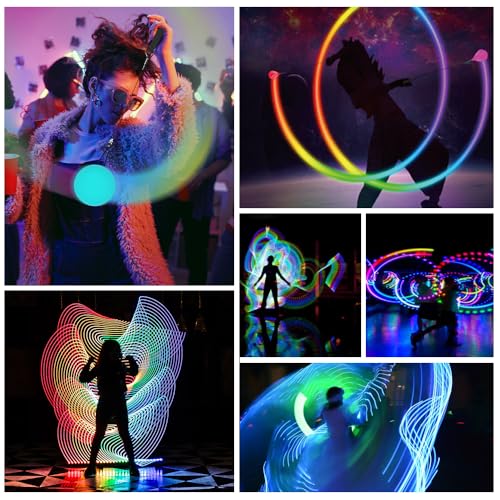 WDKXCN 6 Stück LED Poi Bälle, Soft Spinning Jonglierbälle, Leuchtende POI Jonglierbälle mit Regenbogen Farben, Jonglierbälle mit Verstellbaren Doppelschlaufen-Leinen, für Anfänger & Profis
