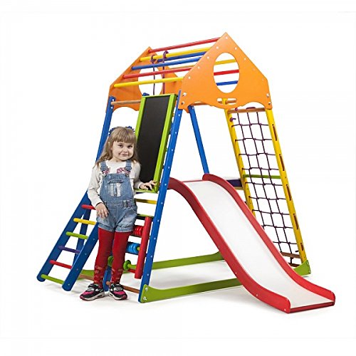 KindSport Centro de Actividades con Tobogán ˝Kindwood-Color-Plus-3˝, Red de Escalada, Anillos, Escalera Sueco, Campo de Juego Infantil Cover