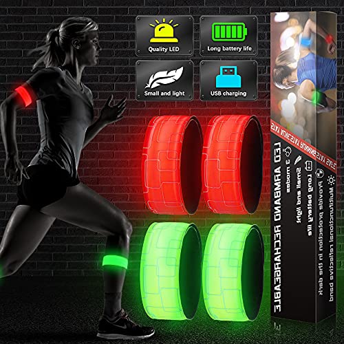 Brazalete Reflectante Running, 4 PCS Banda Reflectante Recargable con USB, Alta Visibilidad y Ajustable Brazalete Led para Correr, Andar en Bicicleta, Deportes al Aire ibre (Verde+Rojo) Cover