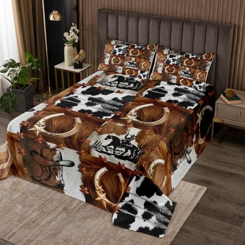 Western Bedspread Queen Size, Cowboy Boots Hats Horseshoes Coverlet Set 3pcs, Abstract Cow Fur Print Patchwork Quilted Coverlet with 2 Pillowcases, Kids Boys Teens Room Decor, Soft Bedding Quilt
