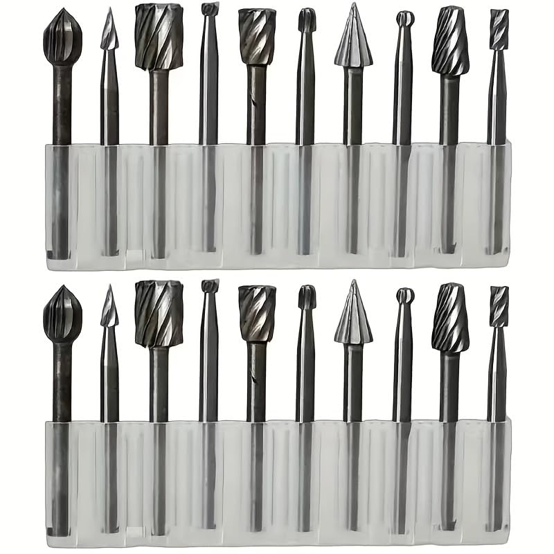 20pcs Tungsten Carbide Rotary Burr Set, Manganese HSS Double Cut Carving Bits, Durable Grinding Milling Cutters for Woodworking, Metal, Drilling, Carving & Polishing