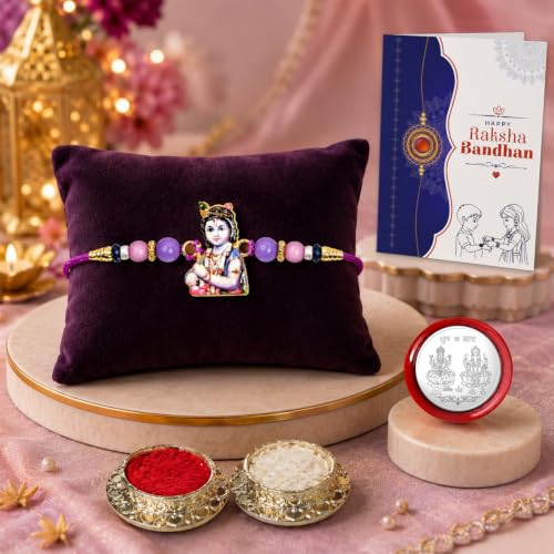 Image of Oblivion Rakhi For Brother Set of 1 - Elegant Krishna Ji With Beads Thread Designer Rakhi with Tilak Set, Greeting Card and Silver Colour Coin - Traditional Raksha Bandhan Combo for Bhai (Pack of 4)