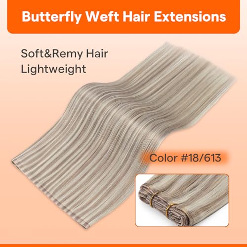 Image of Full Shine Butterfly Weft Hair Extensions Human Hair 20 Inch 100G | Color 18 Ash Blonde Highlight 613 Bleach Blonde, Invisible PU Hole Weft, Genius Weft With Hole, Date Night