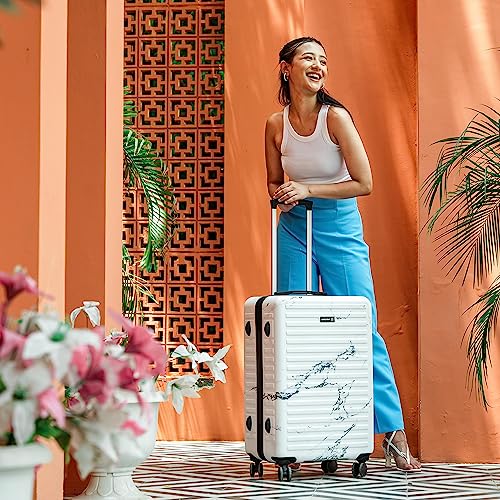 Image of Assembly Stark Hard Luggage 24 Inch (63 cm) Check-in Medium Luggage Trolley Bag, Unbreakable Polycarbonate Dual-Tone Design, TSA Lock, Silent 8 Spinner Wheels, Hard Shell Travel Suitcase Marble