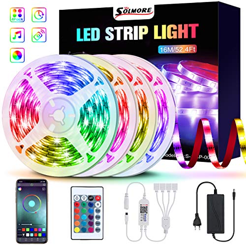16M Bluetooth LED Streifen, SOLMORE RGB LED Strip 5050 LED Lichtband, steuerbar via App und Fernbedienung, Musikalische Funktion, LED Lichtleiste Lichtband für Haus, Party Deko 4x4M