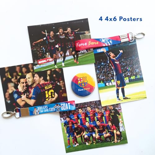 Image of TenorArts Barcelona Gift Box Merchandise for Fans - 5x7 Inches Laminated Photo Frame,2 Keychain, 1 Badge, 4 4x6 inches Sized Posters, 15+ Multi sized Players Stickers - 5 items in 1 Box (Barcelona)