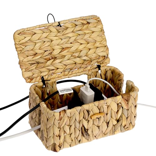 BTSKY Woven Cable Management Box with Lid Water Hyacinth Cord Organizer for Desk Cable Organizer Box with 2-Open Slots to Hide Power Strips USB Hubs for Home & Office Pet Proofing Cord Basket S