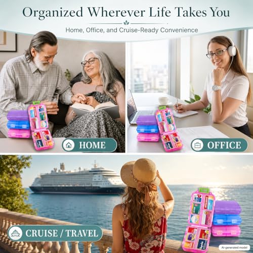 Image of 3 Pack Pill Organizers with Medicine Labels, Pink Blue Purple | 3 compact pill cases with 3x161 medicine labels for 7-day planning, vitamins, travel, family use, and separate routines