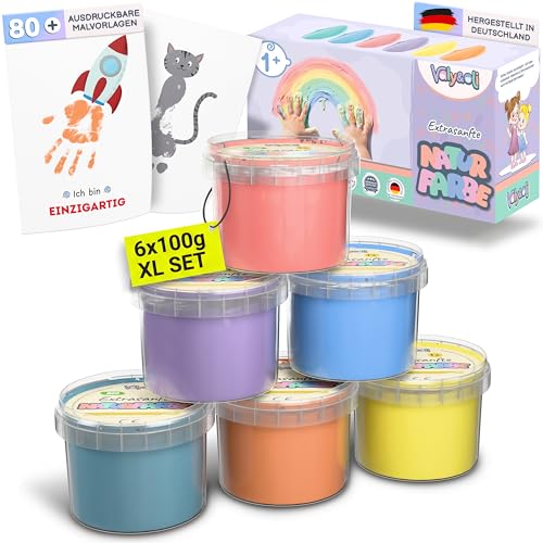 Valy&Oli® Fingerfarben Kinder Ungiftig ab 1 2 3 Jahre [inkl. Malvorlage] Made in Germany - Extrasanft & Unbedenklich - Fördert Kreativität & Entwicklung - XL Set 6×100 g - Pastell