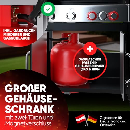 ProfiCook® Gasgrill für Temperaturen bis zu 450°C | 2 Power-Zonen + Side-Burner | Roste aus echtem Gusseisen | Gasgrill 4 Brenner | Flaschenöffner | Temperaturanzeige | 4 Brenner | PC GG 1312