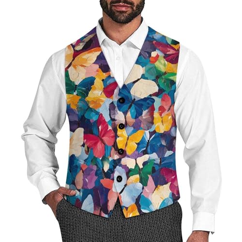 Abstract Butterflys Pattern Casual Suit Vest for Men Formal Business Dress Regular Fit Waistcoat Tuxedo