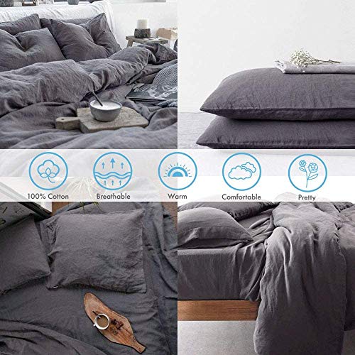 Atsense Duvet Cover Queen Size, 100% Washed Cotton Linen Feel Super Soft Comfortable, 3-Piece Dark Grey Duvet Cover Bedding Set, Durable And Easy Care, Simple Style Farmhouse Comforter Cover #TOP4