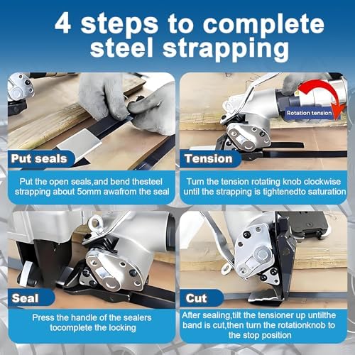 Pneumatic Strapping Tool Set - Tensioner & Cutter Sealer, 8500N Tension Force, Compatible with 19/25/32mm (0.75/0.98/1.25") Steel Strapping for Heavy-Duty Packing