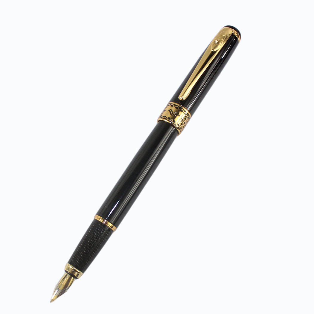 黒い万年筆 ゴールド装飾 Amazon | Gullor68エレガントな黒とゴールドの万年筆曲げペン先書道