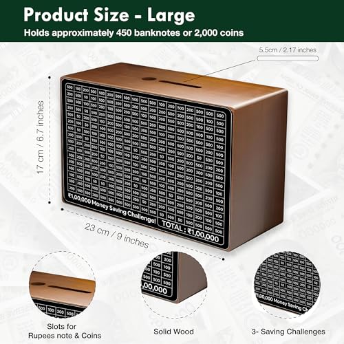 Image of Farmical Wooden Money Saving Box, Piggy Bank for Adults & Kids, Cash Savings Box for ₹50000 ₹100000 ₹200000 with Counter, Hundial Saving Challenge with Pen & Tweezers