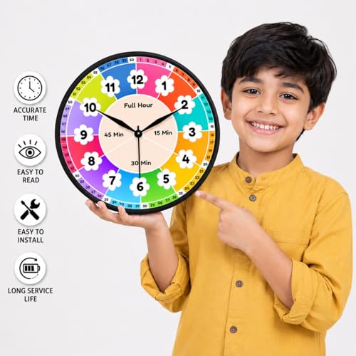 Image of AmeraKart- 10 Inch Kids Educational Wall Clock for Learning Time - Colorful Hour & Minute Teaching Clock for Children, Classroom & Study Room Decor I No Drill-Free Adhesive Hook Included (Blue)