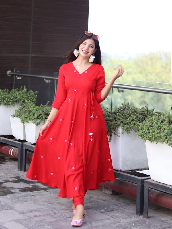 Image of Royal Export Women's Viscose Floral Embroidered Anarkali Gown Dress || Kurta Pant with Dupatta Sets
