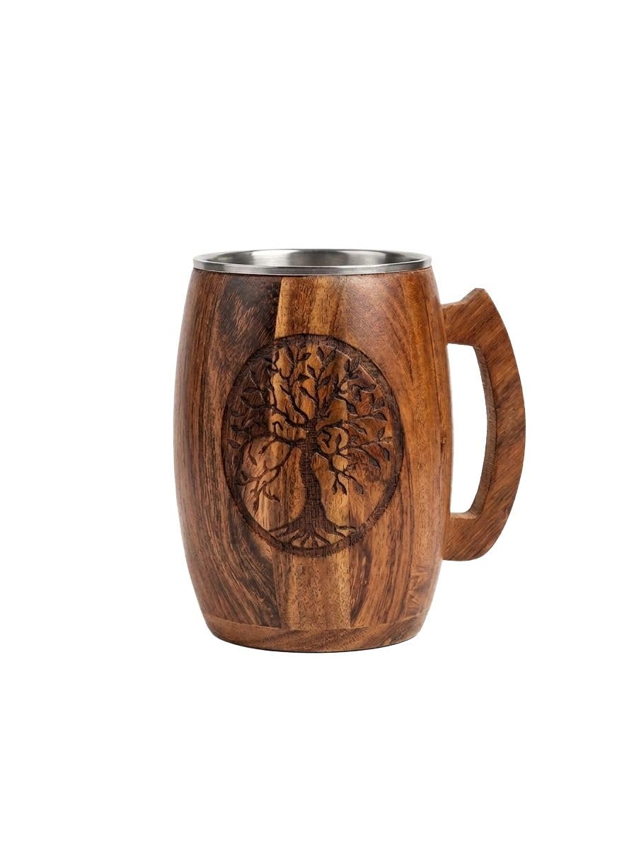 Wooden Coffee Mug with Stainless Steel Inner, Tree of Life Engraved | Barrel Shape, Wooden Handle, Hand-Carved Design, Rustic Finish, Ideal for Hot & Cold-image-37