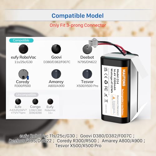 Image of Replacement Battery for Eufy RoboVac 11S, 11 11C 11S Plus 11S MAX 12 15C 15C MAX 15T 25C 30C G10 Hybrid G30 Edge R500 R450, Compatible with Ecovacs Deebot N79 N79S N95 DN622(3-Prong Connector)