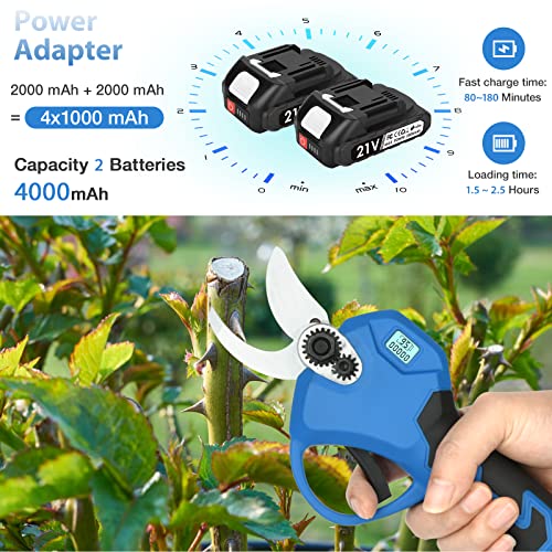 Akku-astschere 30mm Schnittdurchmesser Gartenschere Elektrisch: Akku-gartenschere mit Display, 2PCS 2Ah 21V Lithium-Wiederaufladbar Akku,Gartenschere für Blumenbeete,Gärten, Äste(Blau)