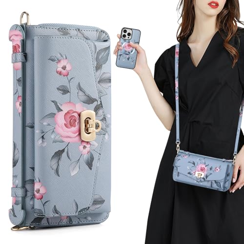 Housse cuir floral iPhone 16 Pro bleu avec protection intégrale contre les chocs