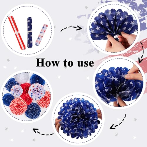 Image of 12 Pcs Patriotic Tissue Paper Pom Pom Flowers, Red White Blue 4th of July Party Decorations, Independence Day Memorial Day Backdrop Holiday Home Decor USA Flag Theme Party Supplies