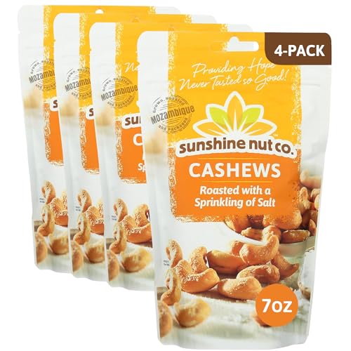 Image of Sunshine Nut Co. Roasted Cashews, Sprinkling of Salt, Pack of 4, 7 oz Each | Lightly Salted, Gluten Free, Peanut Free, Vegan, GMO Free, Snack Packs for Kids and Adults, For Lunchboxes and on the Go