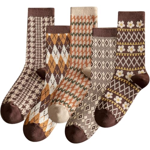 Image of IIG 3-5 Pairs Womens Vintage Cozy Crew Socks Soft Cute Neutral Cotton Socks Exquisite Patterns Socks Gift