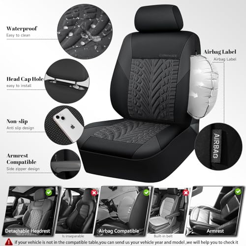 Image of CAR PASS Neoprene Waterproof Seat Covers Full Sets, Wetsuit Car Seat Covers 5 Seats Universal Fit Vans, Truck, SUV, 3D Tyre Embossed Seat Covers Anti Slip with Armrests, Aibag Compatible(Black Gray)