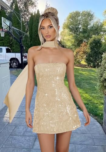 Miao Duo Sparkly Sequin Short Tight Homecoming Dresses with Scarf 2025 Strapless Mini Cocktail Party Dress YZTS2774