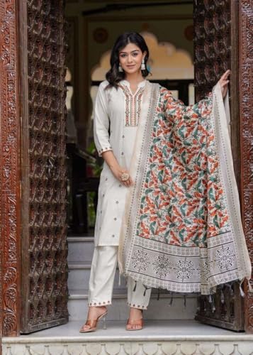 Image of Women's Cotton Embroidered Straight Kurti With Pant and Dupatta Set