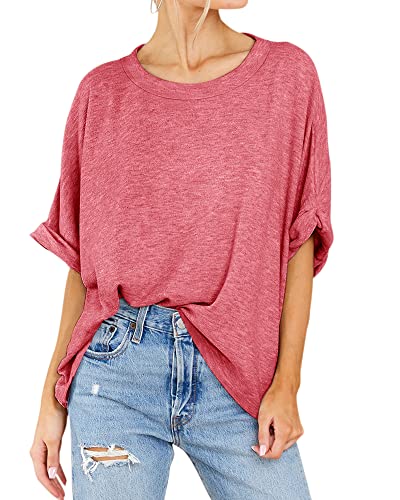 Langwyqu Womens' Short Sleeve Oversized Summer Crew Neck Loose Casual Tee T-Shirt Red #TOP1