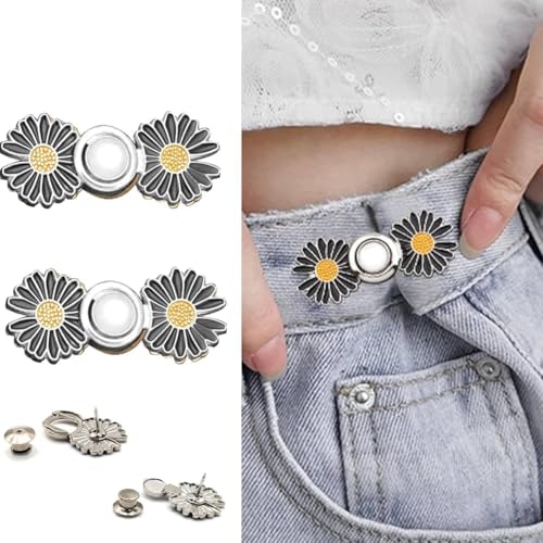 Image of || Set of 2 || Flower Instant Jean Button Pins, Removable Adjustable Pant Waistband Tightener, No-Sew Metal Buttons for Loose Jeans, Easy Clip-On Denim, Skirts &Trousers,Fashion Accessory for Women.