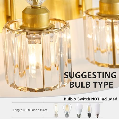 Image of Bathroom Vanity Light Fixtures Over Mirror - Makeup Lighting Pure Gold - for Modern Wall, Bath, Desk, Farmhouse, Hallway - 4 Crystal Lights