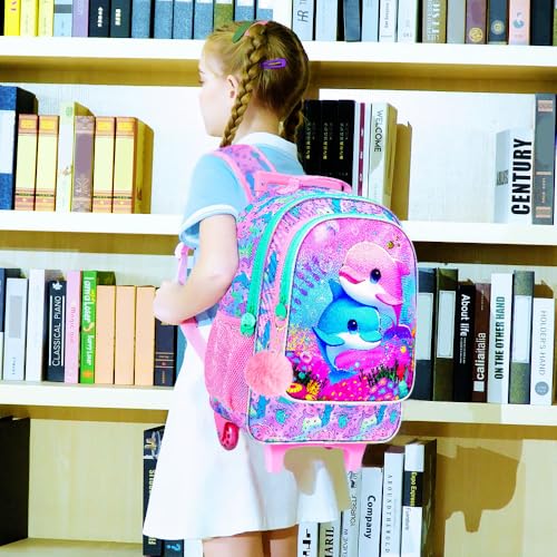 UFNDC 4PCS Girls Rolling Bookbag, Cute Kids Dolphin Wheeled Backpack，Roller School Bag with Wheels for Elementary Preschool Travel2