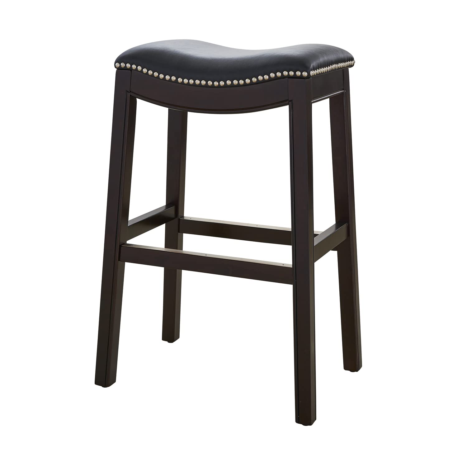 New Ridge Home Goods Julian 30in. Bar-Height Backless Wood Saddle-Seat Barstool with Nailhead Trim, Black Faux Leather/Espresso
